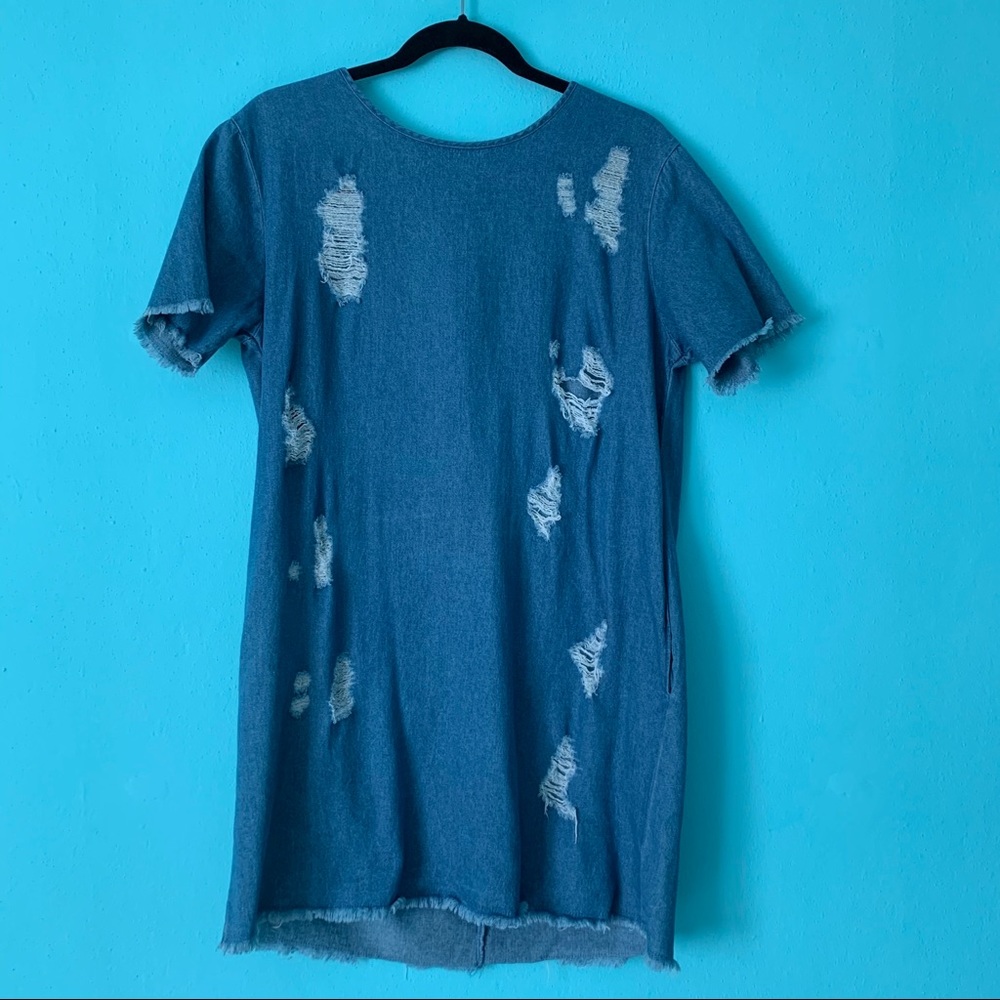 Ripped Denim Dress with Zipper on Back & Pockets